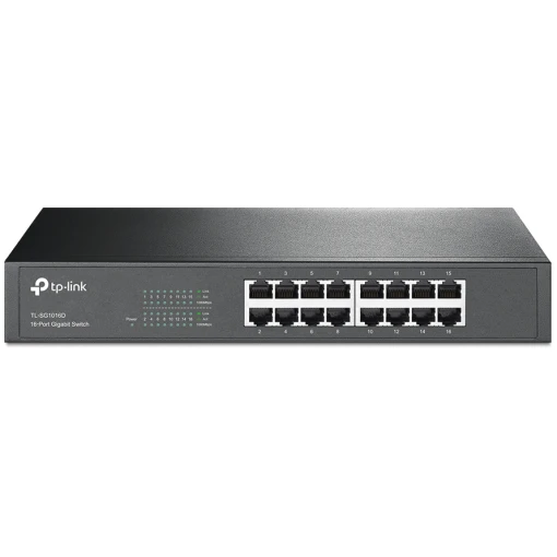 TP-Link TL-SG1016D 16-Port Gigabit Netzwerk Switch unmanaged QoS 19-Zoll-Rackmount/Desktop Metallgehäuse Schwarz