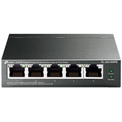 TP-Link TL-SG105PE 5-Port Gigabit Easy Smart Switch 4xPoE+ Ports VLAN QoS IGMPv3 Metallgehäuse schwarz-metallic